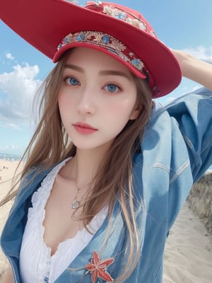 (((masterpiece))), (((best quality))), ((ultra-detailed)), (1 girl), (solo), blue jacket, red t shirt, white skirt, hat,(japanese:1,european:0.5), ((an extremely delicate and beautiful)),age 20, ((beautiful detailed sky)), beautiful detailed eyes, beach, 