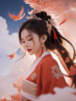 1girl, solo, hair ornament, bug, jewelry, long hair, black hair, flower, chinese clothes, earrings, long sleeves, dress, cloud of surrounding, building from afar, fire bird, suzaku, phoenix, red  hanfu, ornament, chakra, 
,mythical clouds,daxiushan, realistic, ,xxmixgirl,3d figure,EpicSky,daxiushan style