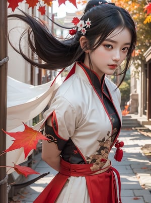 20 years old, women, elegant, outside temple,  hanfu,  autumn_leaves, windy,Guan Yinping,weapon