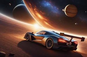 Imagine a sports racing of cars in space, surrounded with universe filled with solar system, galaxy, and stars background, dramatic lighting, highly detailed