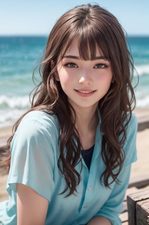 portrait of beautiful 21 year old woman alive, realistic perfect detailed face, chestnut brown hair wavy hair with bangs, luscious long hair, hazel eyes, reflective eyes, lovely smile, realistic skin, highly detailed skin texture, natural skin, gentle soul, lovely, hospitable, conservative, thoughtful, modest, humble, good, kind, stunning realistic photograph, beautiful sea shoreline background, the water is seen to be slowly running low on the shore, small waves are also observed crashing on the shoreline. the surface of the sea is seen to appear blue in color, best quality, beautiful lighting, dramatic lighting, extremely detailed, bokeh