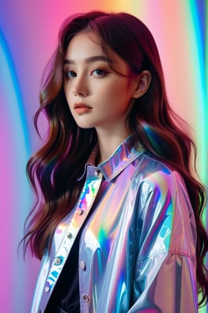 portrait, 1 girl, solo, long wavy hair, flowing rainbow colored holographic background, holographic, iridescent, vaporwave, fluid, standing without support pose in studio, realistic