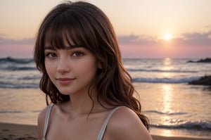 portrait of beautiful 21 year old woman alive, realistic perfect detailed face, chestnut brown hair wavy hair with bangs, luscious long hair, hazel eyes, reflective eyes, lovely smile, realistic skin, highly detailed skin texture, natural skin, gentle soul, lovely, hospitable, conservative, thoughtful, modest, humble, good, kind, stunning realistic photograph, panorama, beautiful sunset, beautiful sea shoreline background, the water is seen to be slowly running low on the shore, small waves are also observed crashing on the shoreline. the surface of the sea is seen to appear blue in color, best quality, beautiful lighting, dramatic lighting, extremely detailed, bokeh