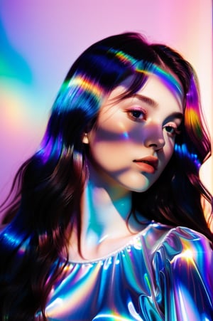 portrait, 1 girl, solo, long wavy hair, flowing rainbow colored holographic background, holographic, iridescent, vaporwave, fluid,  realistic