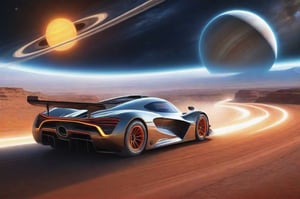 Sports racing of futuristic high speed super cars in planetary rings in the solar system, turbo cars, car racing, car speeding, surrounded with universe filled with solar system, galaxy, and stars, dramatic lighting, highly detailed, photo realistic, hyper realistic,