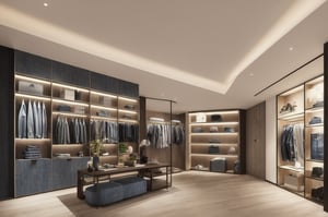 Interior design of a denim jeans boutique, — ar 16:9, hyper realistic interior clothing boutique, mannequin, denim color, denim fabric, clothes, apparel, high fashion, urban street style, modern vintage, 3D rendered, masterpiece, beautiful, modern design, high ceiling, large shop, cozy atmosphere, realistic colors, detailed, widescreen, full picture, ultra-high definition, extremely detailed, photorealistic, high resolution interior design, extremely high detailed beautiful modern lighting,