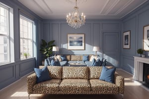 Interior design living room, Colors: Greyish blue, and Dark Blue, cushions in the cheetah print, 3D rendered, masterpiece, beautiful, modern design, high ceiling, large shop, cozy atmosphere, realistic colors, detailed, widescreen, full picture, ultra-high definition, extremely detailed, photorealistic, high resolution interior design, extremely high detailed beautiful modern lighting,