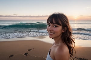 portrait of beautiful 21 year old woman alive, realistic perfect detailed face, chestnut brown hair wavy hair with bangs, luscious long hair, hazel eyes, reflective eyes, lovely smile, realistic skin, highly detailed skin texture, natural skin, gentle soul, lovely, hospitable, conservative, thoughtful, modest, humble, good, kind, stunning realistic photograph, panorama, beautiful sunset, beautiful sea shoreline background, the water is seen to be slowly running low on the shore, small waves are also observed crashing on the shoreline. the surface of the sea is seen to appear blue in color, best quality, beautiful lighting, dramatic lighting, extremely detailed, bokeh