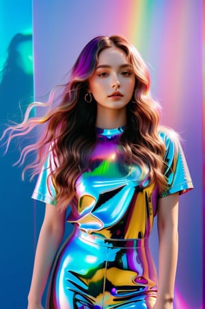 full body shot, whole body, portrait, 1 girl, solo, long wavy hair, complete face details, flowing rainbow colored holographic background, holographic, iridescent, vaporwave, fluid, high fashion, realistic