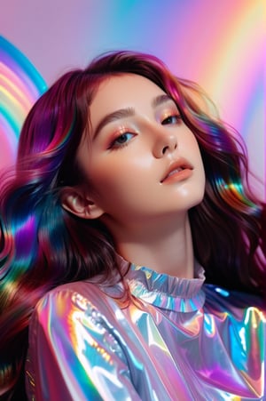 portrait, 1 girl, solo, long wavy hair, flowing rainbow colored holographic background, holographic, iridescent, vaporwave, fluid, lying from the front point pose, high fahion, realistic