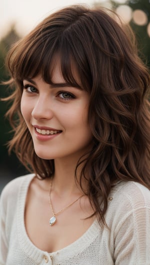 portrait of beautiful woman, realistic perfect detailed face, chestnut brown hair wavy hair with bangs, luscious long hair, reflective hazel eyes, lovely smile, highly detailed realistic natural skin, full body, conservative, absolute reality, high fashion, stunning realistic photograph, best quality, high quality, beautiful lighting, dramatic lighting, extremely detailed,xyzsansweater