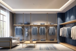 Interior design of a denim jeans boutique, — ar 16:9, hyper realistic interior clothing boutique, mannequin, denim color, denim fabric, clothes, apparel, high fashion, urban street style, modern vintage, 3D rendered, masterpiece, beautiful, modern design, high ceiling, large shop, cozy atmosphere, realistic colors, detailed, widescreen, full picture, ultra-high definition, extremely detailed, photorealistic, high resolution interior design, extremely high detailed beautiful modern lighting,