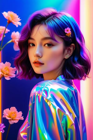 portrait, 1 girl, solo, short wavy hair, flowing neon, colored holographic floral background, holographic, iridescent, vaporwave, fluid, flowers, realistic