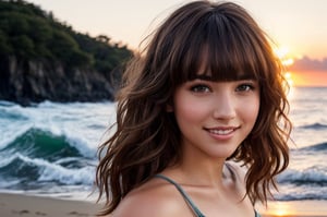 portrait of beautiful 21 year old woman alive, realistic perfect detailed face, chestnut brown hair wavy hair with bangs, luscious long hair, hazel eyes, reflective eyes, lovely smile, realistic skin, highly detailed skin texture, natural skin, gentle soul, lovely, hospitable, conservative, thoughtful, modest, humble, good, kind, stunning realistic photograph, panorama, beautiful sunset, beautiful sea shoreline background, the water is seen to be slowly running low on the shore, small waves are also observed crashing on the shoreline. the surface of the sea is seen to appear blue in color, best quality, beautiful lighting, dramatic lighting, extremely detailed, bokeh