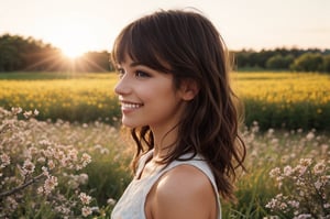 beautiful woman walking in blooming fields of flowers, beautiful spring summer scenic landscape, whole body, chestnut brown hair wavy hair with bangs, luscious long hair, hazel eyes, reflective eyes, lovely smile, realistic skin, highly detailed skin texture, natural skin, cheerful backgroud, best quality, beautiful lighting, dramatic lighting, extremely detailed, bokeh