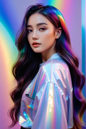 portrait, solo girl, long wavy hair, flowing rainbow colored holographic background, holographic, iridescent, vaporwave, fluid, niji style, realistic