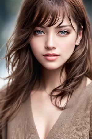 portrait of beautiful woman, realistic perfect detailed face, chestnut brown hair wavy hair with bangs, luscious long hair, reflective hazel eyes, lovely smile, highly detailed realistic natural skin, full body, conservative, absolute reality, high fashion, stunning realistic photograph, best quality, high quality, beautiful lighting, dramatic lighting, extremely detailed,xyzsansweater