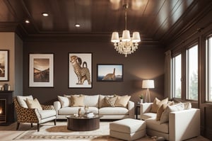 Interior design living room, Colors: Brown, and Cream, cushions in the cheetah print, 3D rendered, masterpiece, beautiful, modern design, high ceiling, large shop, cozy atmosphere, realistic colors, detailed, widescreen, full picture, ultra-high definition, extremely detailed, photorealistic, high resolution interior design, extremely high detailed beautiful modern lighting,