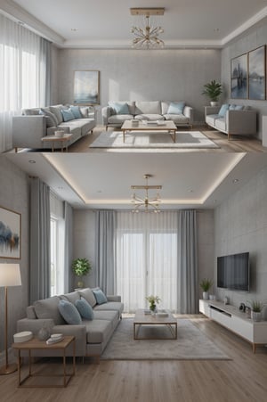 Interior design living room, Colors: White, Grey and Sky Blue,  3D rendered, masterpiece, beautiful, modern design, high ceiling, large shop, cozy atmosphere, realistic colors, detailed, widescreen, full picture, ultra-high definition, extremely detailed, photorealistic, high resolution interior design, extremely high detailed beautiful modern lighting,