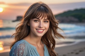 portrait of beautiful 21 year old woman alive, realistic perfect detailed face, chestnut brown hair wavy hair with bangs, luscious long hair, hazel eyes, reflective eyes, lovely smile, realistic skin, highly detailed skin texture, natural skin, gentle soul, lovely, hospitable, conservative, thoughtful, modest, humble, good, kind, stunning realistic photograph, panorama, beautiful sunset, beautiful sea shoreline background, the water is seen to be slowly running low on the shore, small waves are also observed crashing on the shoreline. the surface of the sea is seen to appear blue in color, best quality, beautiful lighting, dramatic lighting, extremely detailed, bokeh