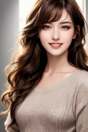 portrait of beautiful woman, realistic perfect detailed face, chestnut brown hair wavy hair with bangs, luscious long hair, reflective hazel eyes, lovely smile, highly detailed realistic natural skin, full body, conservative, absolute reality, high fashion, stunning realistic photograph, best quality, high quality, beautiful lighting, dramatic lighting, extremely detailed,xyzsansweater