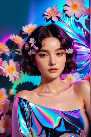 portrait, 1 girl, solo, short wavy hair, flowing neon, colored holographic floral background, holographic, iridescent, vaporwave, fluid, flowers, lying from the front point pose, high fashion, realistic