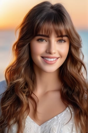 portrait of beautiful 21 year old woman alive, realistic perfect detailed face, chestnut brown hair wavy hair with bangs, luscious long hair, hazel eyes, reflective eyes, lovely smile, realistic skin, highly detailed skin texture, natural skin, gentle soul, lovely, hospitable, conservative, thoughtful, modest, humble, good, kind, stunning realistic photograph, beautiful sea shoreline background, the water is seen to be slowly running low on the shore, small waves are also observed crashing on the shoreline. the surface of the sea is seen to appear blue in color, best quality, beautiful lighting, dramatic lighting, extremely detailed, bokeh