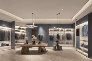 Interior design of a denim jeans department store boutique, — ar 16:9, hyper realistic interior clothing boutique, mannequin, denim color, denim fabric, clothes, apparel, high fashion, urban street style, modern vintage, 3D rendered, masterpiece, beautiful, modern design, high ceiling, large shop, cozy atmosphere, realistic colors, detailed, widescreen, full picture, ultra-high definition, extremely detailed, photorealistic, high resolution interior design, extremely high detailed beautiful modern lighting,