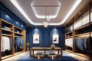 Interior design of a denim jeans boutique, — ar 16:9, hyper realistic interior clothing boutique, mannequin, denim color, denim fabric, clothes, apparel, high fashion, urban street style, modern vintage, 3D rendered, masterpiece, beautiful, modern design, high ceiling, large shop, cozy atmosphere, realistic colors, detailed, widescreen, full picture, ultra-high definition, extremely detailed, photorealistic, high resolution interior design, extremely high detailed beautiful modern lighting,