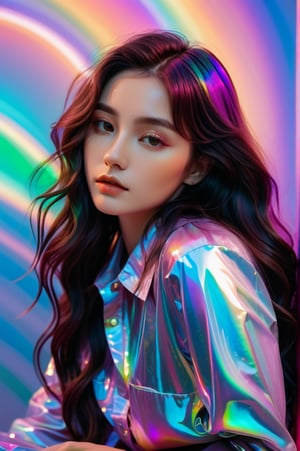 portrait, 1 girl, solo, long wavy hair, flowing rainbow colored holographic background, holographic, iridescent, vaporwave, fluid, lying from the front point pose, high fahion, realistic