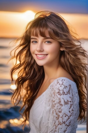 portrait of beautiful 21 year old woman alive, realistic perfect detailed face, chestnut brown hair wavy hair with bangs, luscious long hair, hazel eyes, reflective eyes, lovely smile, realistic skin, highly detailed skin texture, natural skin, gentle soul, lovely, hospitable, conservative, thoughtful, modest, humble, good, kind, stunning realistic photograph, beautiful sea shoreline background, the water is seen to be slowly running low on the shore, small waves are also observed crashing on the shoreline. the surface of the sea is seen to appear blue in color, best quality, beautiful lighting, dramatic lighting, extremely detailed, bokeh