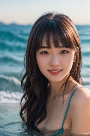 portrait of beautiful 21 year old woman alive, realistic perfect detailed face, chestnut brown hair wavy hair with bangs, luscious long hair, hazel eyes, reflective eyes, lovely smile, realistic skin, highly detailed skin texture, natural skin, gentle soul, lovely, hospitable, conservative, thoughtful, modest, humble, good, kind, stunning realistic photograph, beautiful sea shoreline background, the water is seen to be slowly running low on the shore, small waves are also observed crashing on the shoreline. the surface of the sea is seen to appear blue in color, best quality, beautiful lighting, dramatic lighting, extremely detailed, bokeh