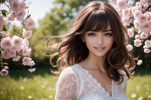 beautiful woman walking in blooming fields of flowers, beautiful spring summer scenic landscape, whole body, realistic perfect detailed face, chestnut brown hair wavy hair with bangs, luscious long hair, hazel eyes, reflective eyes, lovely smile, realistic skin, highly detailed skin texture, natural skin, cheerful backgroud, best quality, beautiful lighting, dramatic lighting, extremely detailed, bokeh