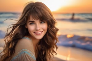 portrait of beautiful 21 year old woman alive, realistic perfect detailed face, chestnut brown hair wavy hair with bangs, luscious long hair, hazel eyes, reflective eyes, lovely smile, realistic skin, highly detailed skin texture, natural skin, gentle soul, lovely, hospitable, conservative, thoughtful, modest, humble, good, kind, stunning realistic photograph, panorama, beautiful sunset, beautiful sea shoreline background, the water is seen to be slowly running low on the shore, small waves are also observed crashing on the shoreline. the surface of the sea is seen to appear blue in color, best quality, beautiful lighting, dramatic lighting, extremely detailed, bokeh