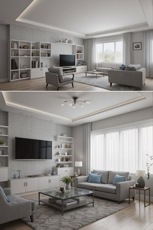 Interior design living room, Colors: White, Grey and Sky Blue,  3D rendered, masterpiece, beautiful, modern design, high ceiling, large shop, cozy atmosphere, realistic colors, detailed, widescreen, full picture, ultra-high definition, extremely detailed, photorealistic, high resolution interior design, extremely high detailed beautiful modern lighting,