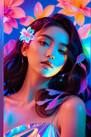 portrait, 1 girl, solo, medium wavy hair, flowing neon, colored holographic floral background, holographic, iridescent, vaporwave, fluid, flowers, lying from the front point pose, high fashion, realistic