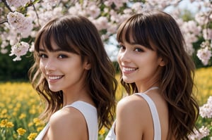 beautiful woman walking in blooming fields of flowers, beautiful spring summer scenic landscape, whole body, realistic perfect detailed face, chestnut brown hair wavy hair with bangs, luscious long hair, hazel eyes, reflective eyes, lovely smile, realistic skin, highly detailed skin texture, natural skin, cheerful backgroud, best quality, beautiful lighting, dramatic lighting, extremely detailed, bokeh