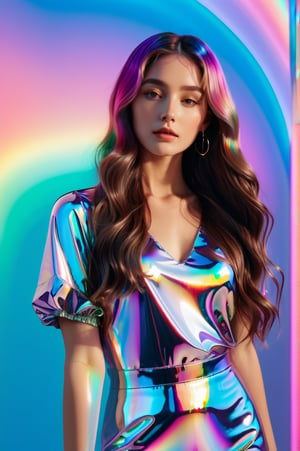 full body shot, whole body, portrait, solo girl, long wavy hair, flowing rainbow colored holographic background, holographic, iridescent, vaporwave, fluid, high fashion, realistic