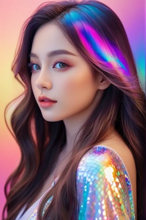 realistic portriat, girl, complete face details, luscious long wavy hair , reflective eyes, highly detailed natural realistic skin texture, flowing rainbow colored holographic background, holographic, iridescent, vaporwave, fluid, niji style, bokeh, 