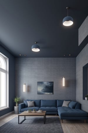 Interior design living room, Colors: Greyish blue, and Dark Blue, 3D rendered, masterpiece, beautiful, modern design, high ceiling, large shop, cozy atmosphere, realistic colors, detailed, widescreen, full picture, ultra-high definition, extremely detailed, photorealistic, high resolution interior design, extremely high detailed beautiful modern lighting,