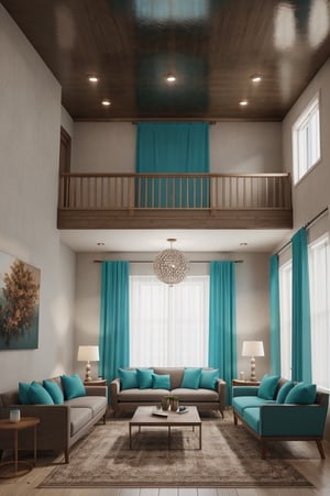 Interior design living room, Colors: Turquoise, Brown, and Teal, 3D rendered, masterpiece, beautiful, modern design, high ceiling, large shop, cozy atmosphere, realistic colors, detailed, widescreen, full picture, ultra-high definition, extremely detailed, photorealistic, high resolution interior design, extremely high detailed beautiful modern lighting,