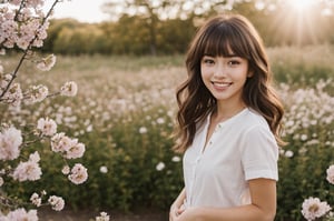 whole body, beautiful woman standing in blooming fields of flowers, beautiful spring summer scenic landscape, chestnut brown hair wavy hair with bangs, luscious long hair, hazel eyes, reflective eyes, lovely smile, realistic skin, highly detailed skin texture, natural skin, cheerful backgroud, best quality, beautiful lighting, dramatic lighting, extremely detailed, bokeh