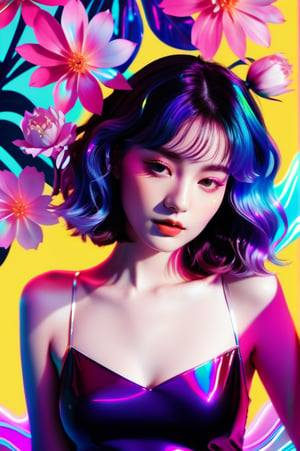 portrait, 1 girl, solo, short wavy hair, flowing neon, colored holographic floral background, holographic, iridescent, vaporwave, fluid, flowers, lying from the front point pose, high fashion, realistic