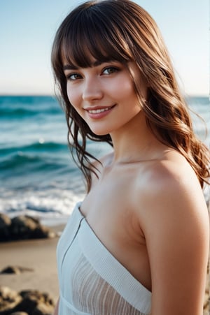 portrait of beautiful 21 year old woman alive, realistic perfect detailed face, chestnut brown hair wavy hair with bangs, luscious long hair, hazel eyes, reflective eyes, lovely smile, realistic skin, highly detailed skin texture, natural skin, gentle soul, lovely, hospitable, conservative, thoughtful, modest, humble, good, kind, stunning realistic photograph, beautiful sea shoreline background, the water is seen to be slowly running low on the shore, small waves are also observed crashing on the shoreline. the surface of the sea is seen to appear blue in color, best quality, beautiful lighting, dramatic lighting, extremely detailed, bokeh