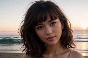 portrait of beautiful 21 year old woman alive, realistic perfect detailed face, chestnut brown hair wavy hair with bangs, luscious long hair, hazel eyes, reflective eyes, lovely smile, realistic skin, highly detailed skin texture, natural skin, gentle soul, lovely, hospitable, conservative, thoughtful, modest, humble, good, kind, stunning realistic photograph, panorama, beautiful sunset, beautiful sea shoreline background, the water is seen to be slowly running low on the shore, small waves are also observed crashing on the shoreline. the surface of the sea is seen to appear blue in color, best quality, beautiful lighting, dramatic lighting, extremely detailed, bokeh