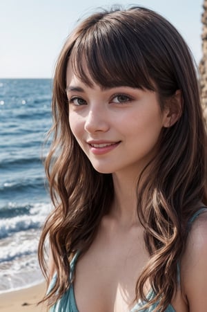 portrait of beautiful 21 year old woman alive, realistic perfect detailed face, chestnut brown hair wavy hair with bangs, luscious long hair, hazel eyes, reflective eyes, lovely smile, realistic skin, highly detailed skin texture, natural skin, gentle soul, lovely, hospitable, conservative, thoughtful, modest, humble, good, kind, stunning realistic photograph, beautiful sea shoreline background, the water is seen to be slowly running low on the shore, small waves are also observed crashing on the shoreline. the surface of the sea is seen to appear blue in color, best quality, beautiful lighting, dramatic lighting, extremely detailed, bokeh