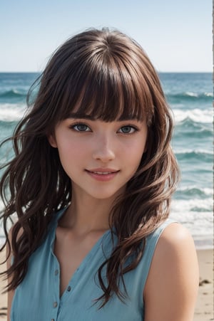 portrait of beautiful 21 year old woman alive, realistic perfect detailed face, chestnut brown hair wavy hair with bangs, luscious long hair, hazel eyes, reflective eyes, lovely smile, realistic skin, highly detailed skin texture, natural skin, gentle soul, lovely, hospitable, conservative, thoughtful, modest, humble, good, kind, stunning realistic photograph, beautiful sea shoreline background, the water is seen to be slowly running low on the shore, small waves are also observed crashing on the shoreline. the surface of the sea is seen to appear blue in color, best quality, beautiful lighting, dramatic lighting, extremely detailed, bokeh