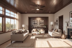 Interior design living room, Colors: Beige, and Brown, 3D rendered, masterpiece, beautiful, modern design, high ceiling, large shop, cozy atmosphere, realistic colors, detailed, widescreen, full picture, ultra-high definition, extremely detailed, photorealistic, high resolution interior design, extremely high detailed beautiful modern lighting,