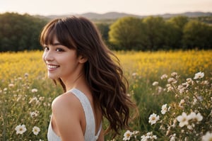 beautiful woman walking in blooming fields of flowers, beautiful spring summer scenic landscape, whole body, chestnut brown hair wavy hair with bangs, luscious long hair, hazel eyes, reflective eyes, lovely smile, realistic skin, highly detailed skin texture, natural skin, cheerful backgroud, best quality, beautiful lighting, dramatic lighting, extremely detailed, bokeh