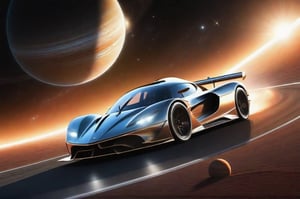 Sports racing of futuristic high speed super cars in planetary rings in the solar system, turbo cars, car racing, car speeding, surrounded with universe filled with solar system, galaxy, and stars, dramatic lighting, highly detailed, photo realistic, hyper realistic,